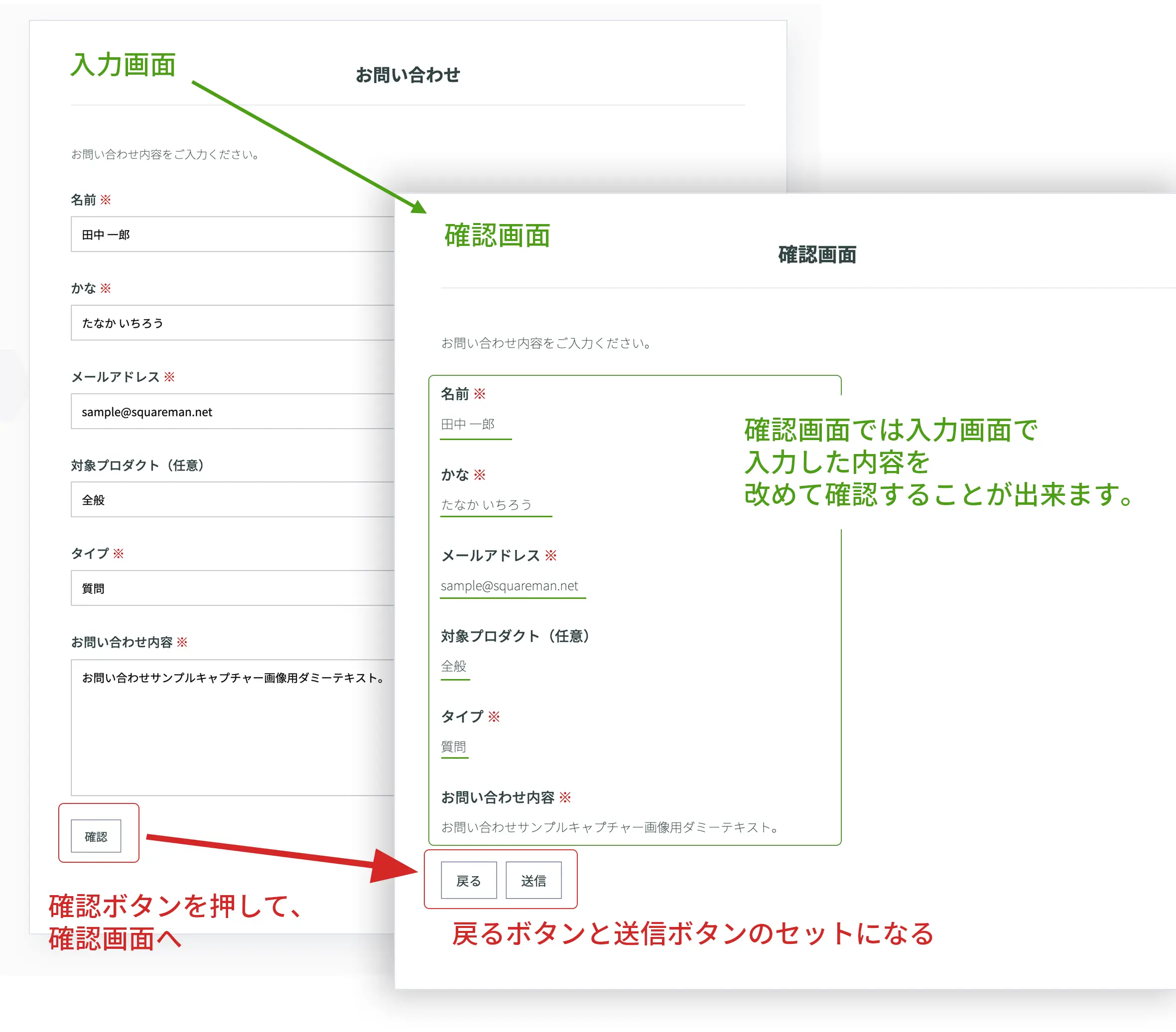 確認画面ありフォームと確認画面表示例のキャプチャ候補